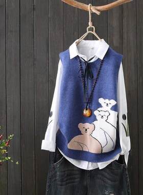 马甲女针织圆领背心短款坎肩小熊毛衣马夹秋冬上衣女套头宽松女装