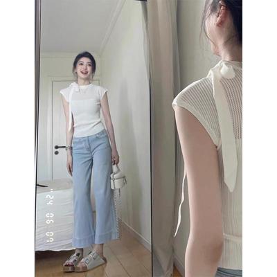 短袖女设计感小众系脖蝴蝶结t恤小飞袖夏季修身气质冰丝针织上衣