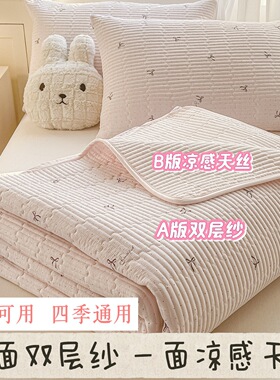 一面双层纱一面凉感天丝床盖三件套家用双面两用床垫床护垫床褥子