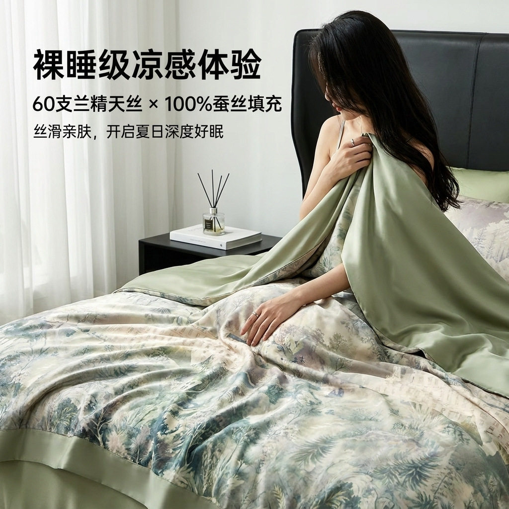兰精天丝夏凉被四件套蚕丝夏被四件套床单款床笠款可机洗水洗被子