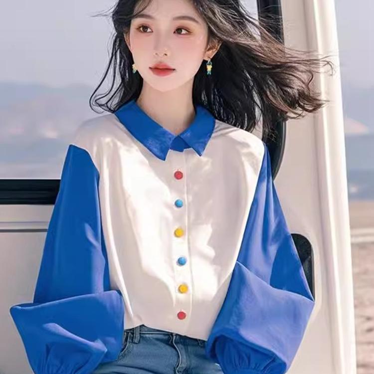 2025蛇年本命年衣服冬季别致时髦蓝色撞色拼接灯笼袖衬衫春秋上衣