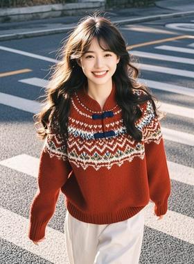 2025蛇年本命年衣服冬季美式超好看设计感红色费尔岛毛衣春秋上衣