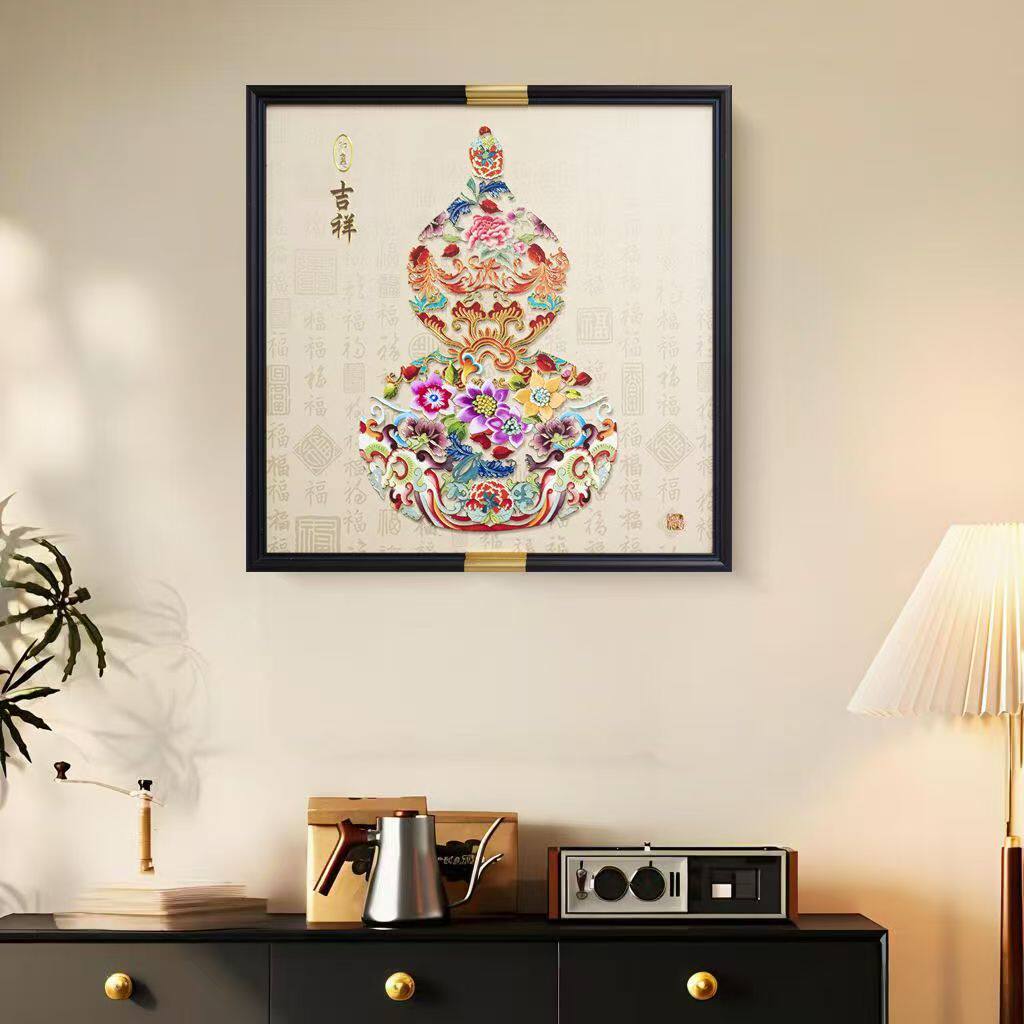 新中式葫芦皮革雕烫金吉祥装饰画挂画客厅书房茶室摆件壁画墙画
