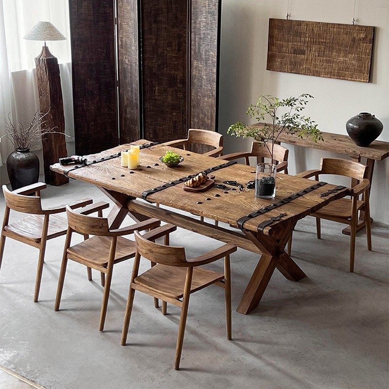 老门板茶桌中式实木茶桌喝茶桌做旧民宿酒店待客风化茶桌餐桌