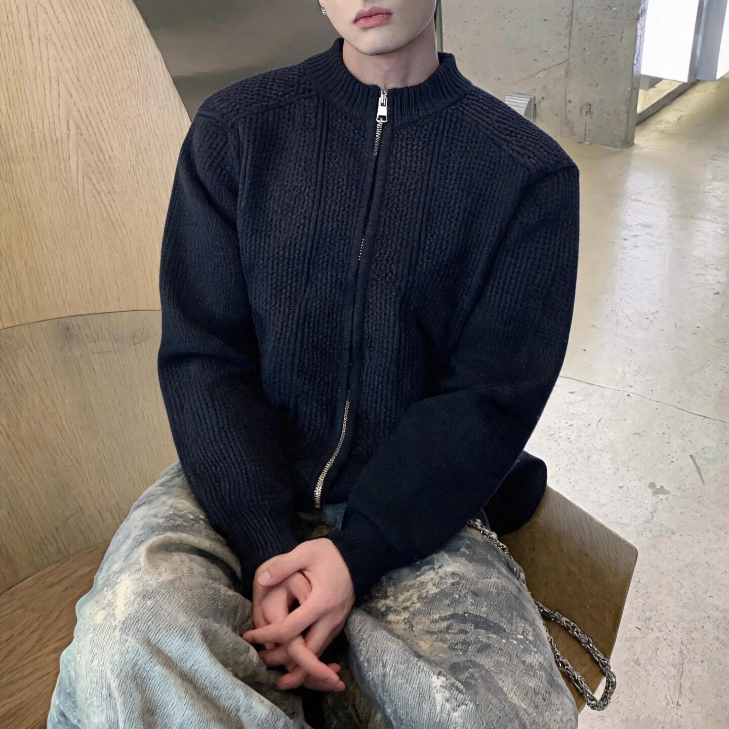 2026秋季新款轻奢男装大码潮牌男士圆领长袖宽松麻花编织开衫