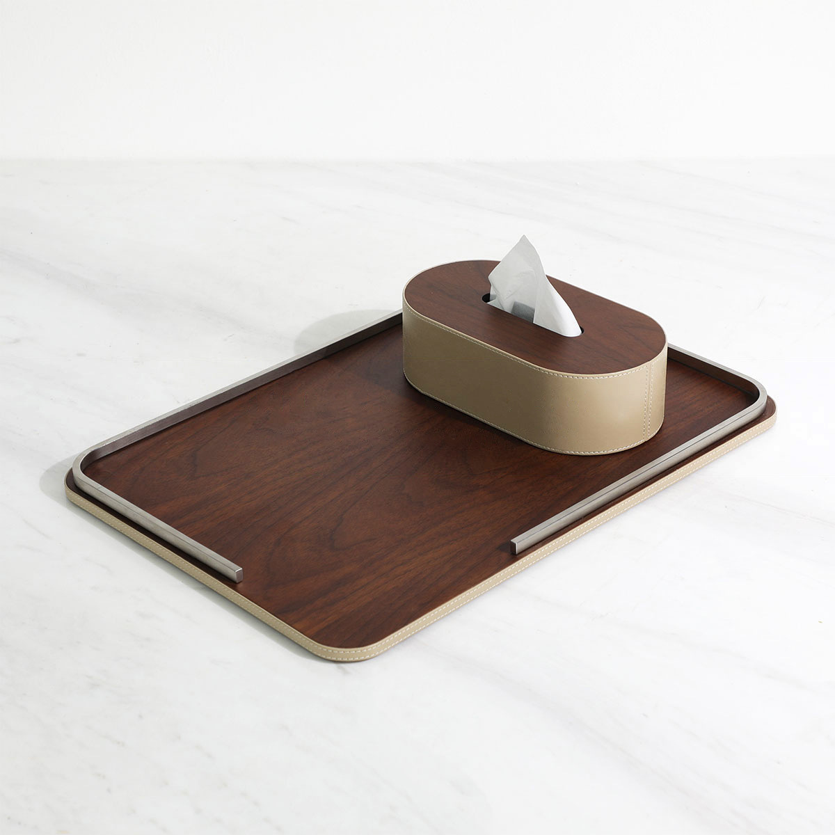 简约风高端胡桃木原木色托盘纸巾盒家居软装酒店客厅茶几桌面摆件