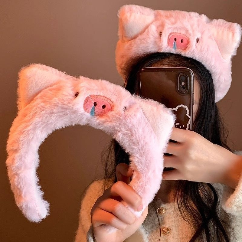 秋冬毛绒可爱粉色小猪发箍