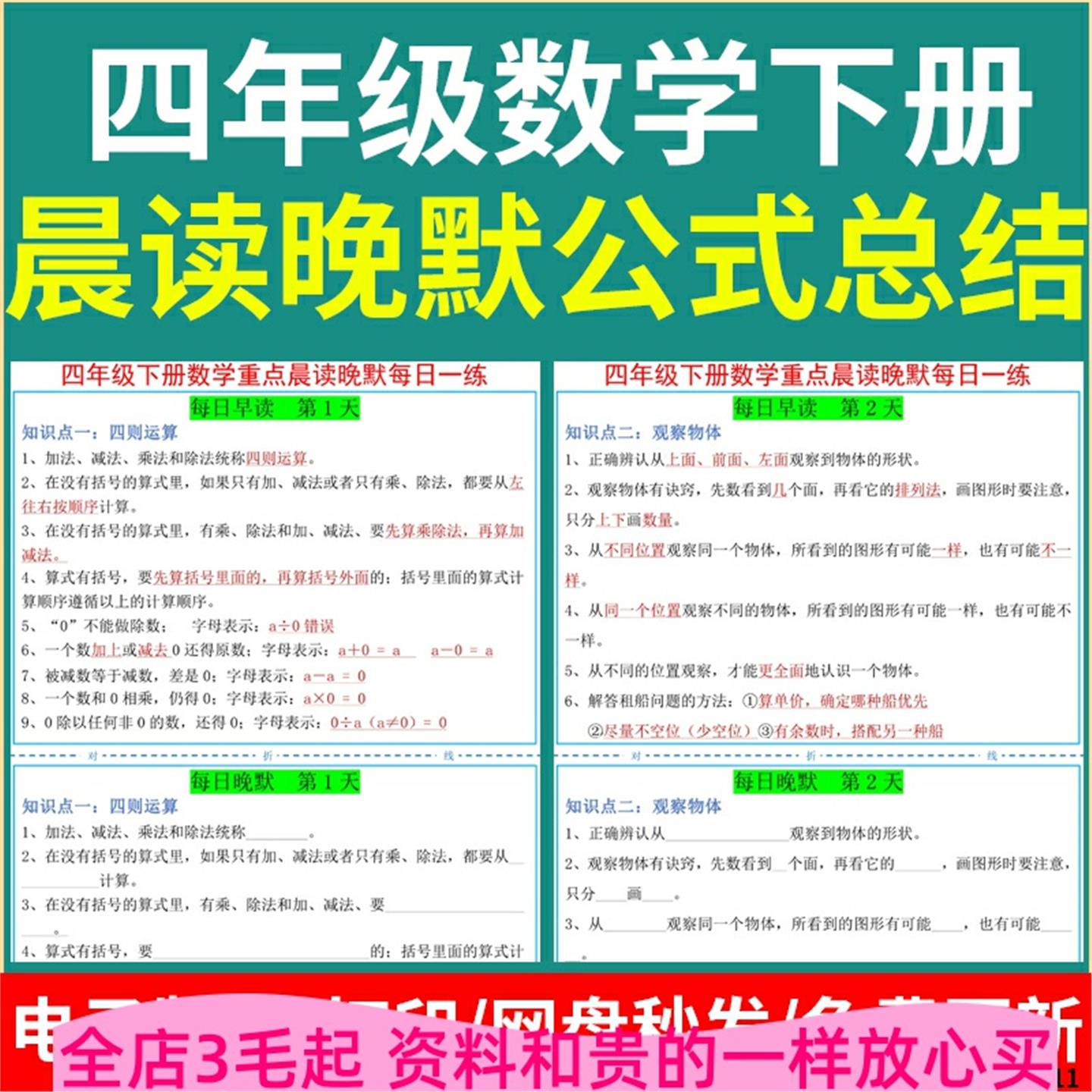 四年级数学下册知识点+公式总结早读晚默PDF电子版17页含答案