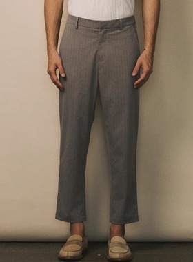 Azure Hues『锥形复古』灰色细棕条纹新贵老钱气质休闲西装九分裤