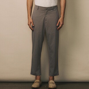 Azure Hues『锥形复古』灰色细棕条纹新贵老钱气质休闲西装九分裤