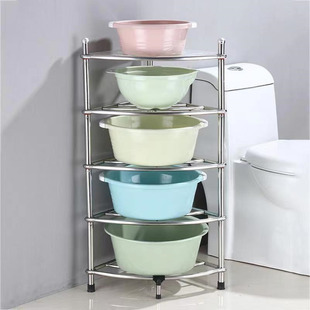 加厚多层全不锈钢洗脸盆架三角架厨房卫生间落地置物架扇型面盆架