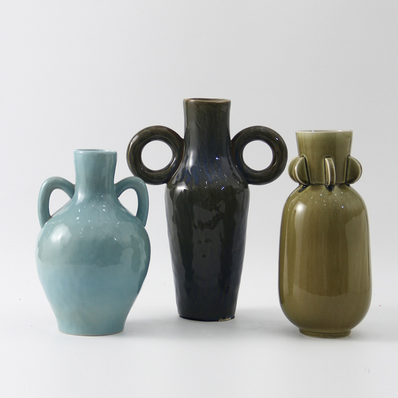简约现代带耳陶瓷花瓶样板间家居客厅干花花器软装售楼处饰品摆件
