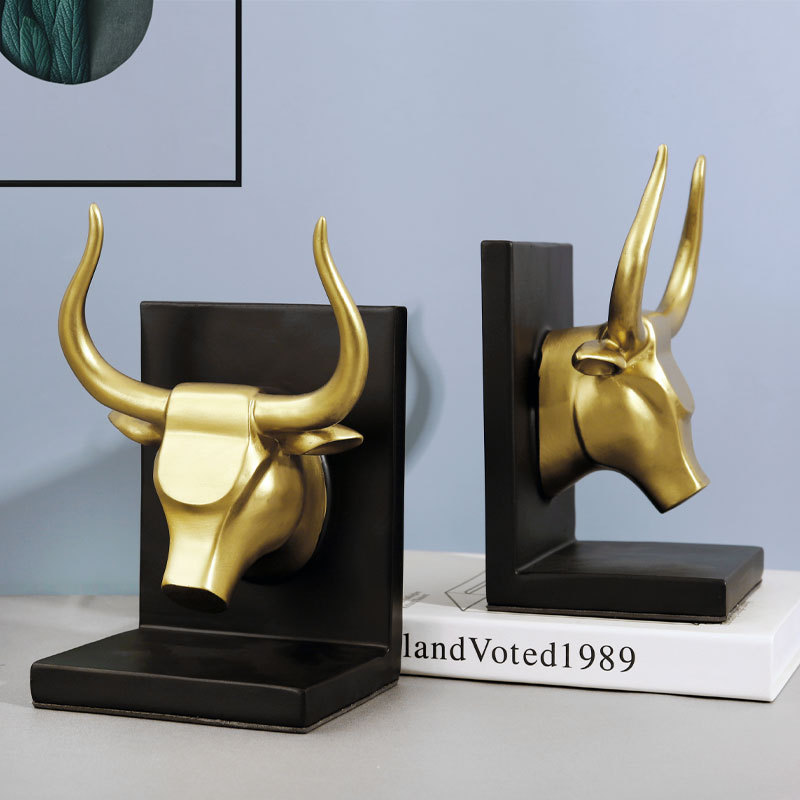 美式乡村风格动物牛头书架书靠家居书房软装摆设办公室装饰书档