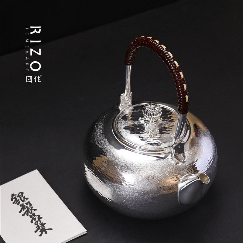 日本银器 银本铺瑞云纹洋银烧水壶 汤沸提梁茶壶