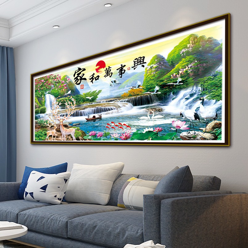 家和万事兴流水生财十字绣新款客厅装饰挂画手工线绣满绣松鹤麋鹿