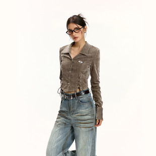 Vone SheeE美式复古丝绒抽绳衬衫女修身短款衬衣2026早秋新款上衣