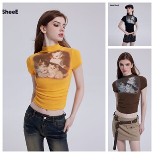 昕怡专享 辣妹上衣服插肩袖 VoneSheeE美式 气质复古短款 印 修身