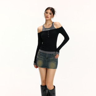 SheeE 露肩2026早秋针织衫 美式 辣妹上衣毛衫 复古假两件长袖 Vone