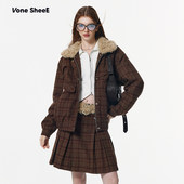 昕怡专享 Vone SheeE 辣妹学院风夹棉加厚格纹短款 棉衣外套女