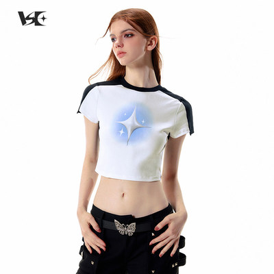 VSE撞色星星印花短袖T恤女