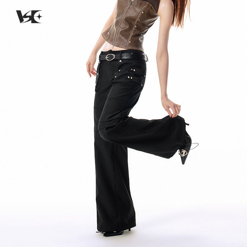 Vone SheeE 早秋高级感辣妹美式铆钉大口袋黑色直筒宽松工装裤女,女装/女士精品,休闲裤,淘宝优惠券,粉丝福利购,淘宝优惠卷