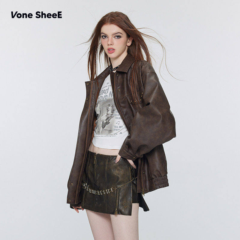 【昕怡专享】2025春秋新款女装美拉德柳钉短外套上衣美式复古皮衣,女装/女士精品,皮衣,淘宝优惠券,粉丝福利购,淘宝优惠卷