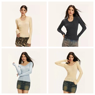 昕怡专享 辣妹打底衫 美式 女上衣修身 女秋冬穿 复古大u领针织衫