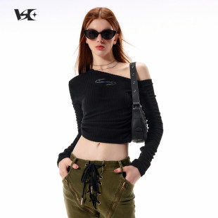 显瘦斜肩针织衫 Vone 露肩侧腰抽绳上衣修身 早秋辣妹短款 女 SheeE