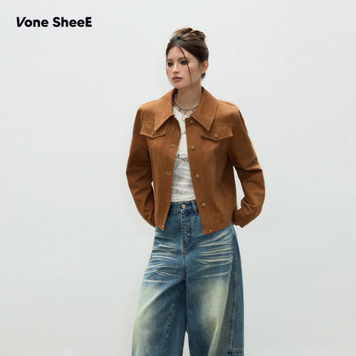 Vone SheeE美式复古棕色牛仔外套上衣女2026初春宽松短款辣妹穿搭