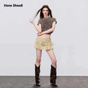 t恤女气质甜 抽褶印花短袖 VoneSheeE美式 复古辣妹短款