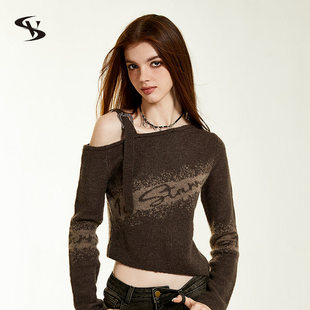 单肩搭扣字母针织衫 辣妹露腰修身 美式 美拉德穿搭早秋 昕怡专享