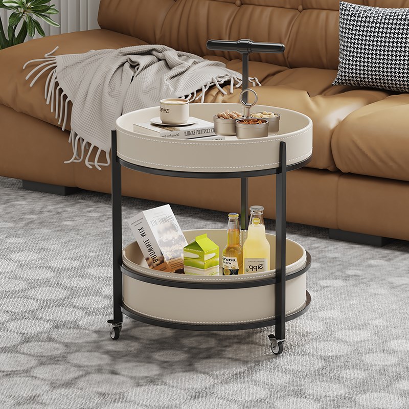 意式马鞍皮小推车沙发边几家用可移动带轮茶几零食置物架高颜值