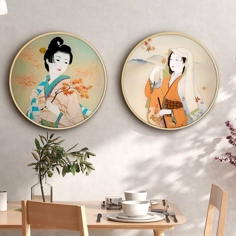 日式浮世绘装饰画卧室日系圆形原木风挂画玄关卧室壁画茶室挂画图片