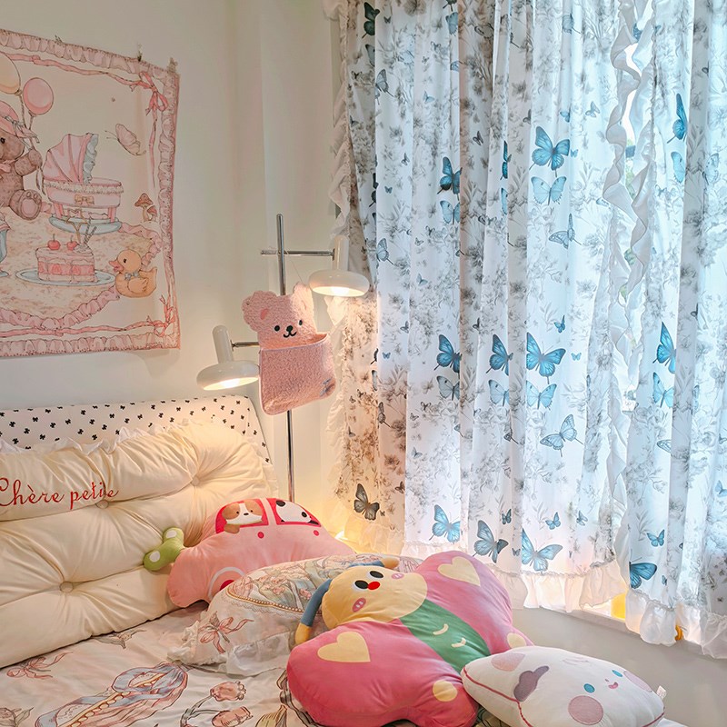 翩翩起舞蝴蝶印花卧室家用半帘短帘小窗帘奶油风屏风卫生间隔断帘