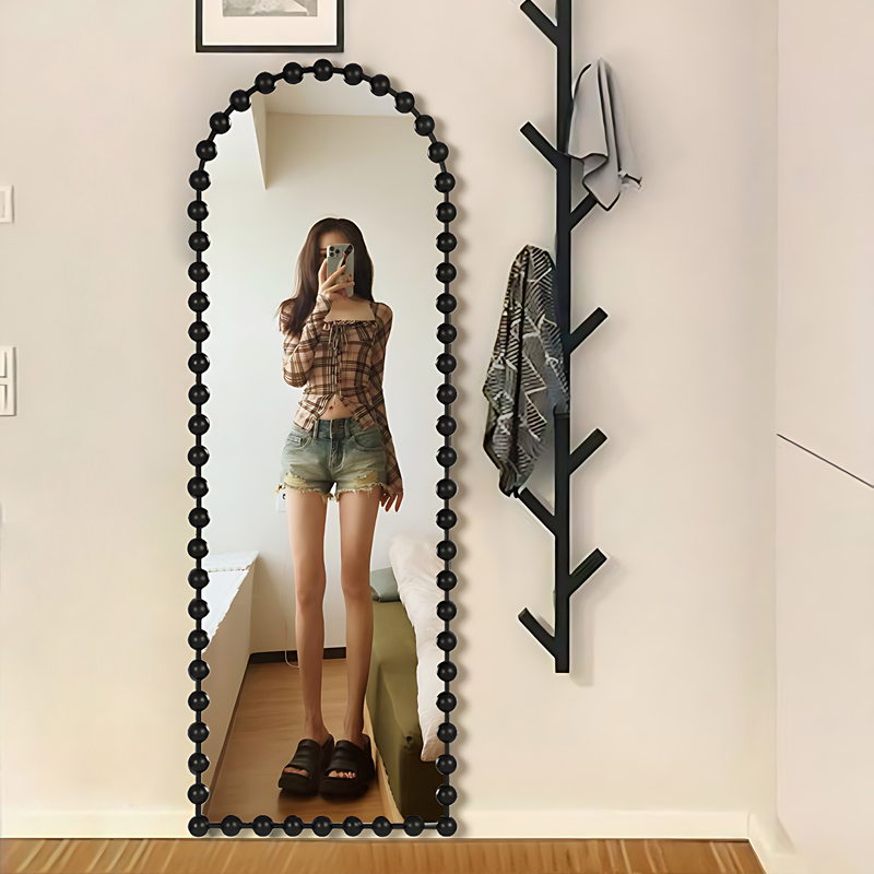 法式落地全身镜美式客厅壁挂黑色换衣镜家用卧室复古拱形穿衣镜子