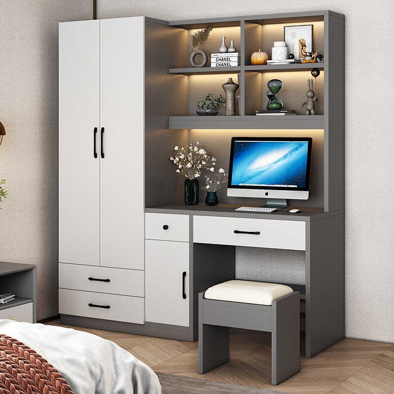 衣柜书桌一体简约电脑桌学生写字台连体衣橱家用小户型实木组合柜