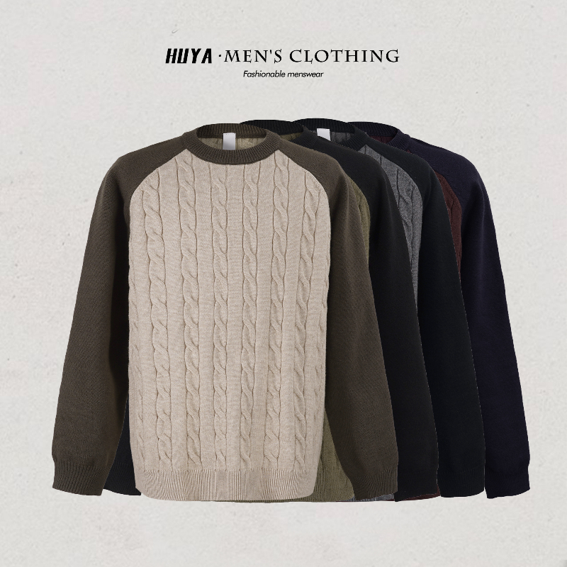 虎牙兄弟冬季针织毛衣上衣复古拼接撞色提花圆领打底衫男M7036