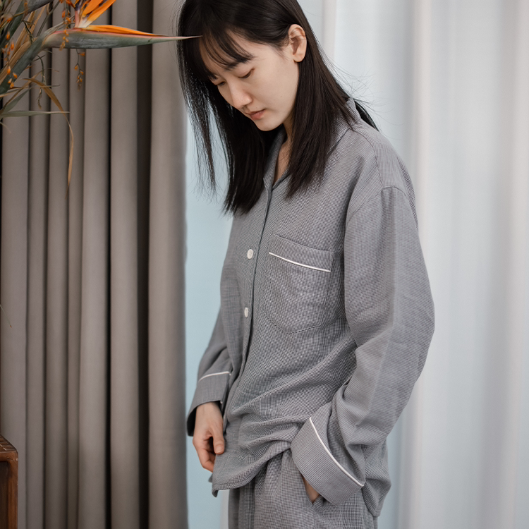 瑶之淘淘●四层纱睡衣●纯棉家居服灰绿色翻领开衫男女同款透气
