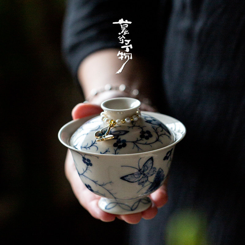 慕兮予物荼梦令青花手绘梦碟舞高足盖碗釉下彩仿古泡茶碗功夫茶具