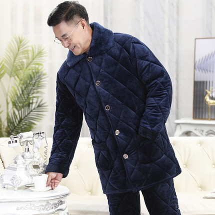 睡衣男冬天长袖三层m加厚加绒珊瑚绒夹棉中老年大码爸爸家居服套