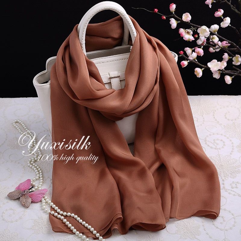 玫瑰金色纯色桑蚕丝长款真丝丝巾披肩女薄纱巾春R秋冬夏季丝绸围
