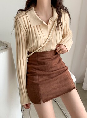 高腰开叉半身裙女2021秋新款a字pu皮J裙黑色鹿皮绒包臀短裙一步裙