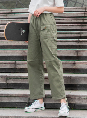 军绿色裤子女f夏季薄款大码工装裤春秋九分小个子直筒阔腿休闲宽