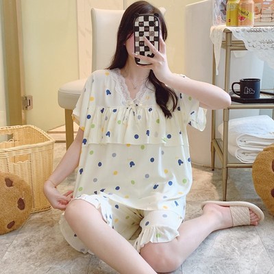 棉绸睡衣女防凸点春夏季薄款短袖中裤人棉套装人造棉可.外穿家居