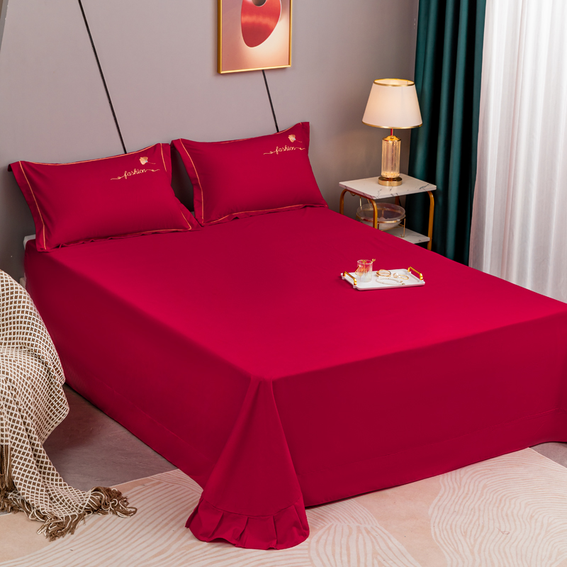 新款结婚喜庆大红色床单t三件套加厚纯色肌理纹雪花棉单件被单双