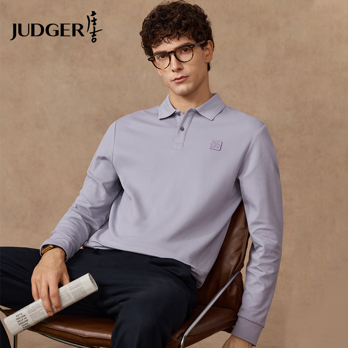 庄吉双面珠地纯棉刺绣长袖POLO衫