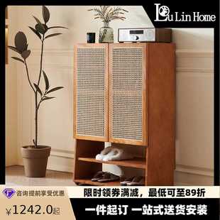 柜一体柜 新中式 实木鞋 柜家用客厅入户藤编置物鞋 架玄关门口民宿鞋