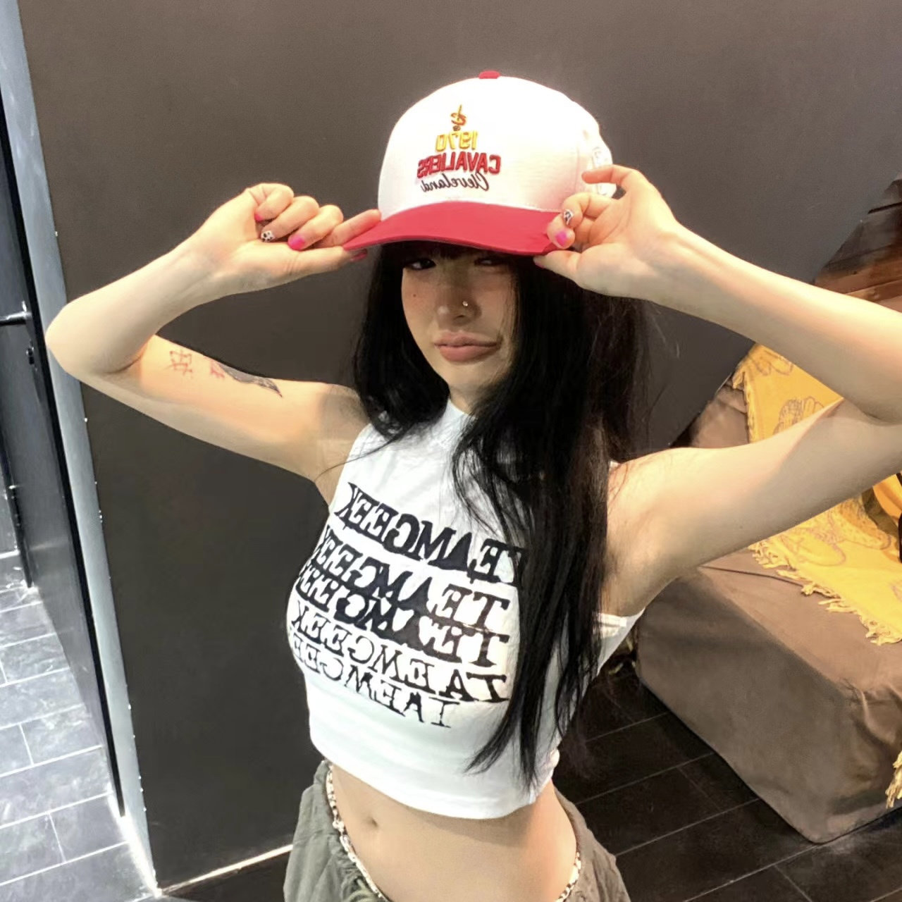 美式夏季新款辣妹复古心机微透印背心吊带
