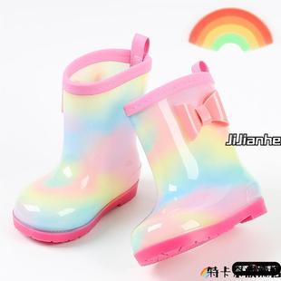 公主女童幼儿园宝宝防滑雨靴水鞋 儿童雨鞋 小孩加绒水靴可爱彩虹