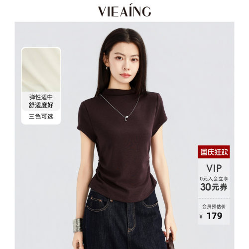 VIEA.ING薇迎商场同款半高领短袖T恤针织衫女2026夏季收腰短上衣
